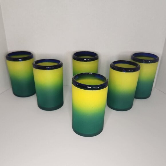 SET 6 HAND BLOWN MEXICAN GLASS TUMBLERS FROSTED YELLOW GREEN BLUE RIM - Picture 6 of 9